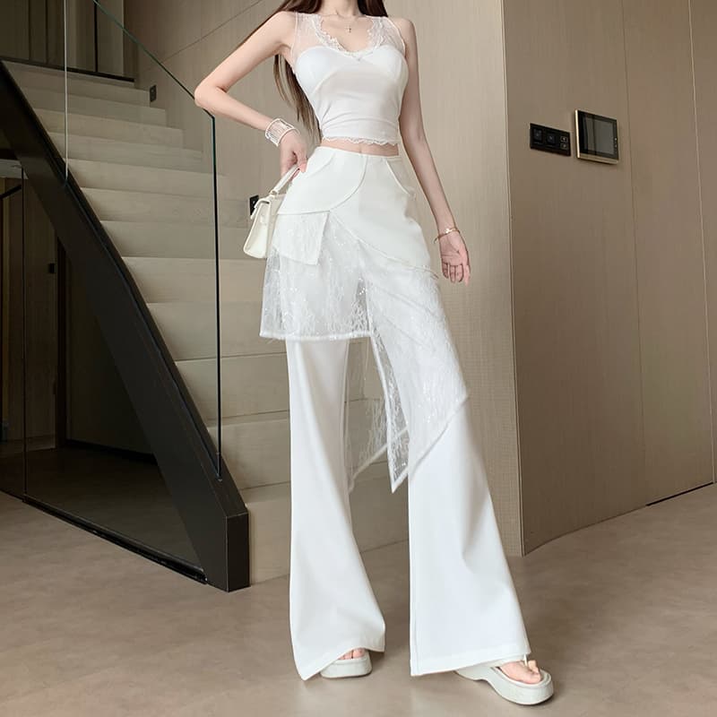 불규칙 랩스커트팬츠 페이크 레이어드 넓은 다리 정장 바지 여성 여름 디자인 센스 화이트 하이웨이스트 캐주얼 바지 도루 센스 바닥 청소 바지 이미지 2