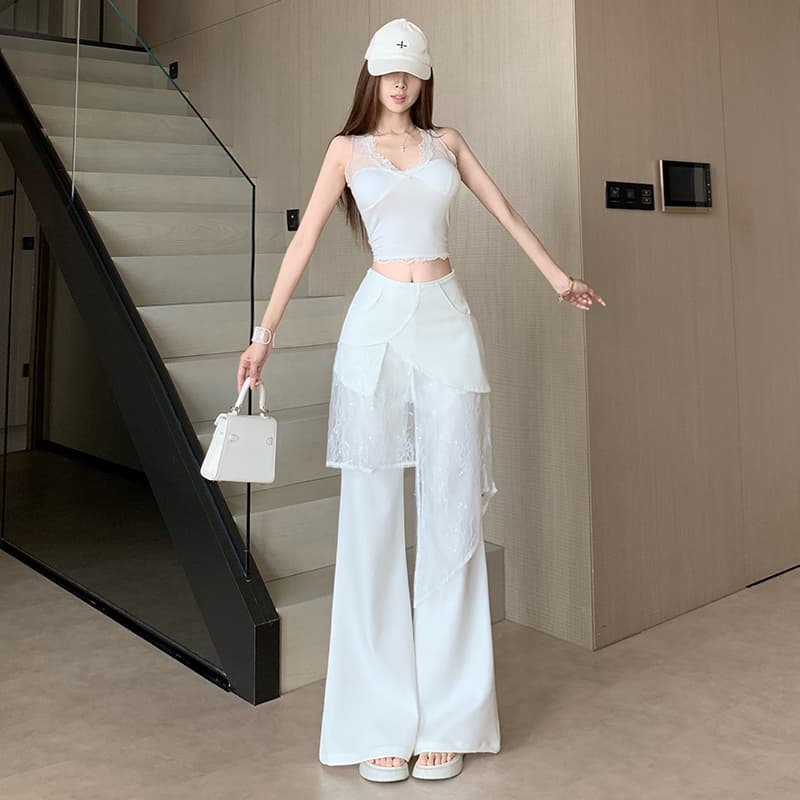 불규칙 랩스커트팬츠 페이크 레이어드 넓은 다리 정장 바지 여성 여름 디자인 센스 화이트 하이웨이스트 캐주얼 바지 도루 센스 바닥 청소 바지 이미지 3