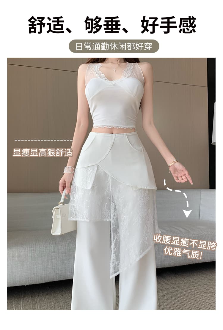 불규칙 랩스커트팬츠 페이크 레이어드 넓은 다리 정장 바지 여성 여름 디자인 센스 화이트 하이웨이스트 캐주얼 바지 도루 센스 바닥 청소 바지 상세 이미지 3