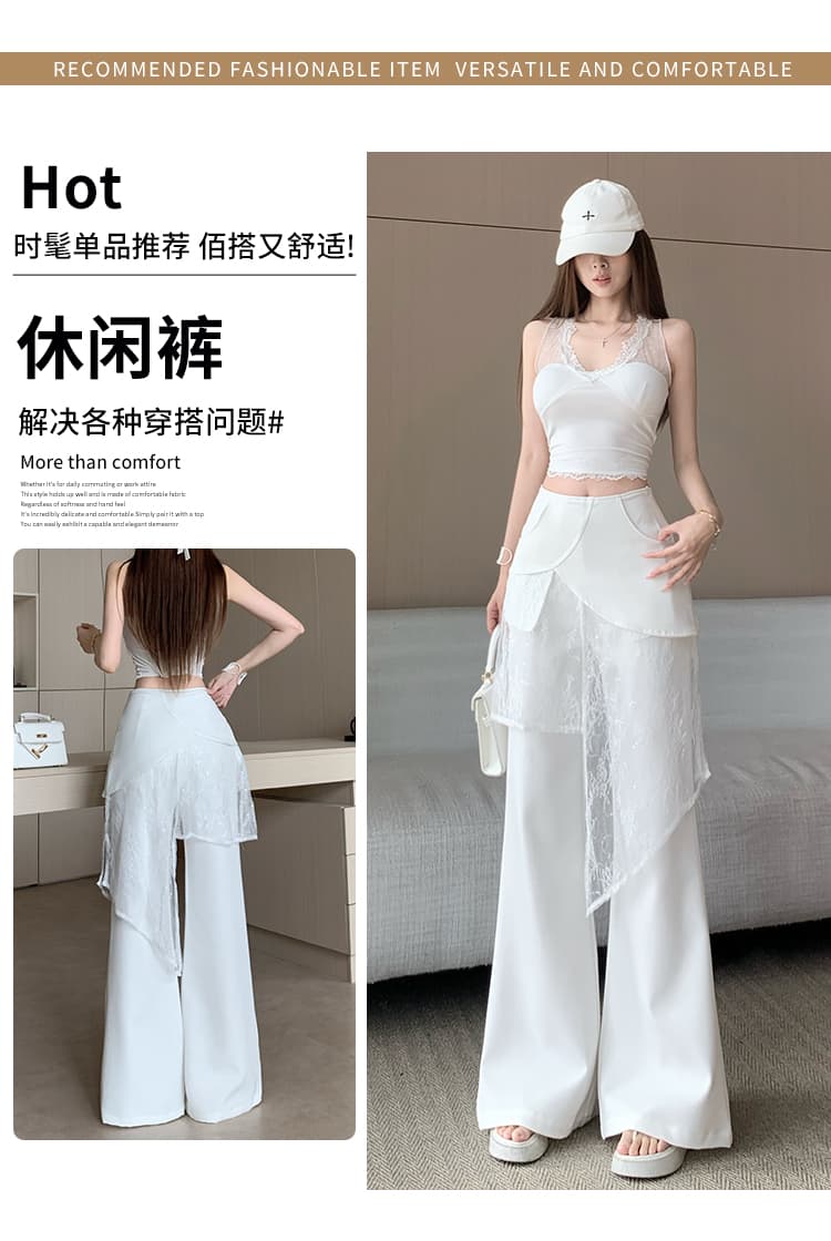 불규칙 랩스커트팬츠 페이크 레이어드 넓은 다리 정장 바지 여성 여름 디자인 센스 화이트 하이웨이스트 캐주얼 바지 도루 센스 바닥 청소 바지 상세 이미지 4