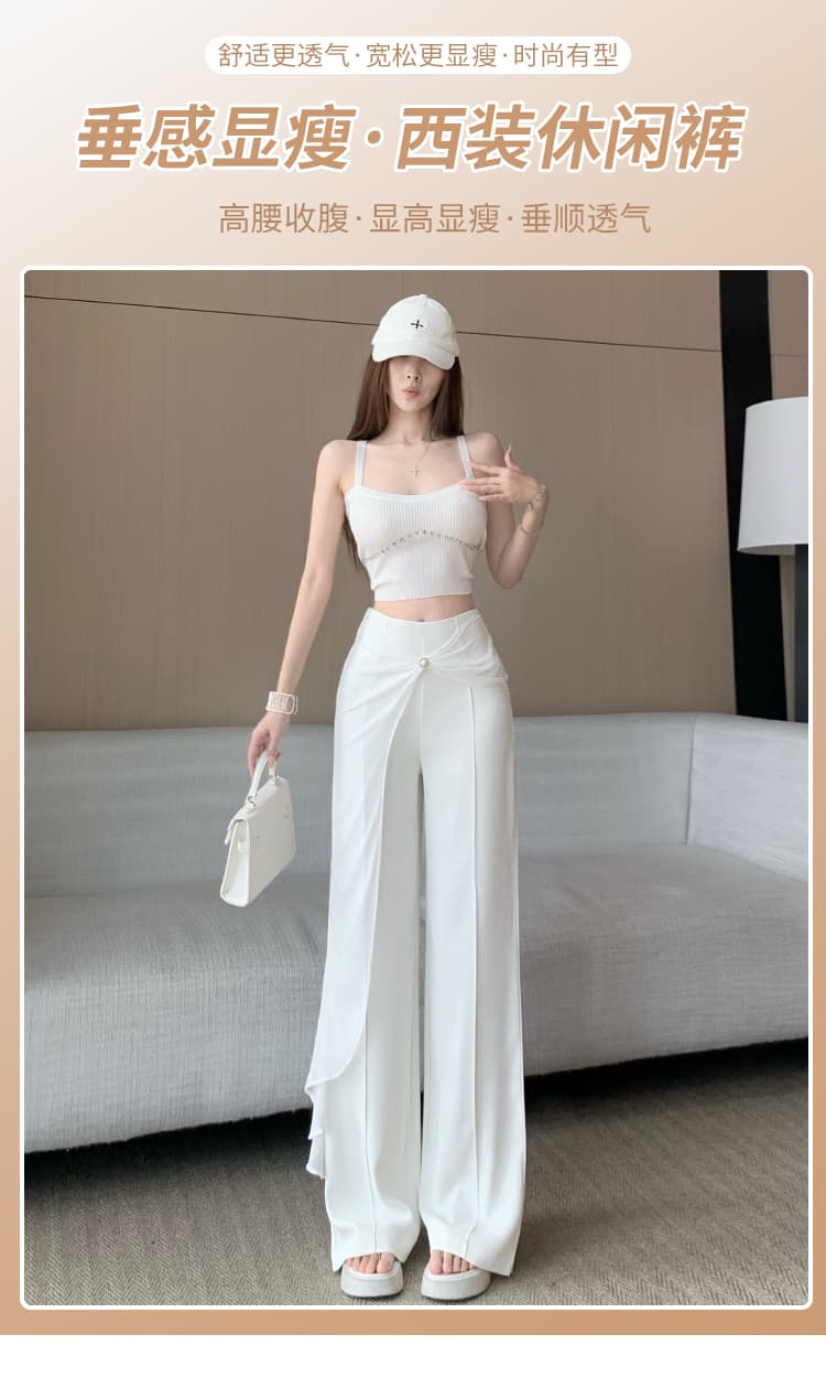 망사 레이스 정장 와이드 레깅스 바지 여름 디자인 센스 페이크 레이어드 높은 허리 바지 캐주얼 도루 센스 부츠컷 바지 바지 상세 이미지 1