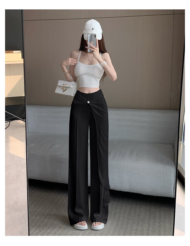망사 레이스 정장 와이드 레깅스 바지 여름 디자인 센스 페이크 레이어드 높은 허리 바지 캐주얼 도루 센스 부츠컷 바지 바지 상세 이미지 26