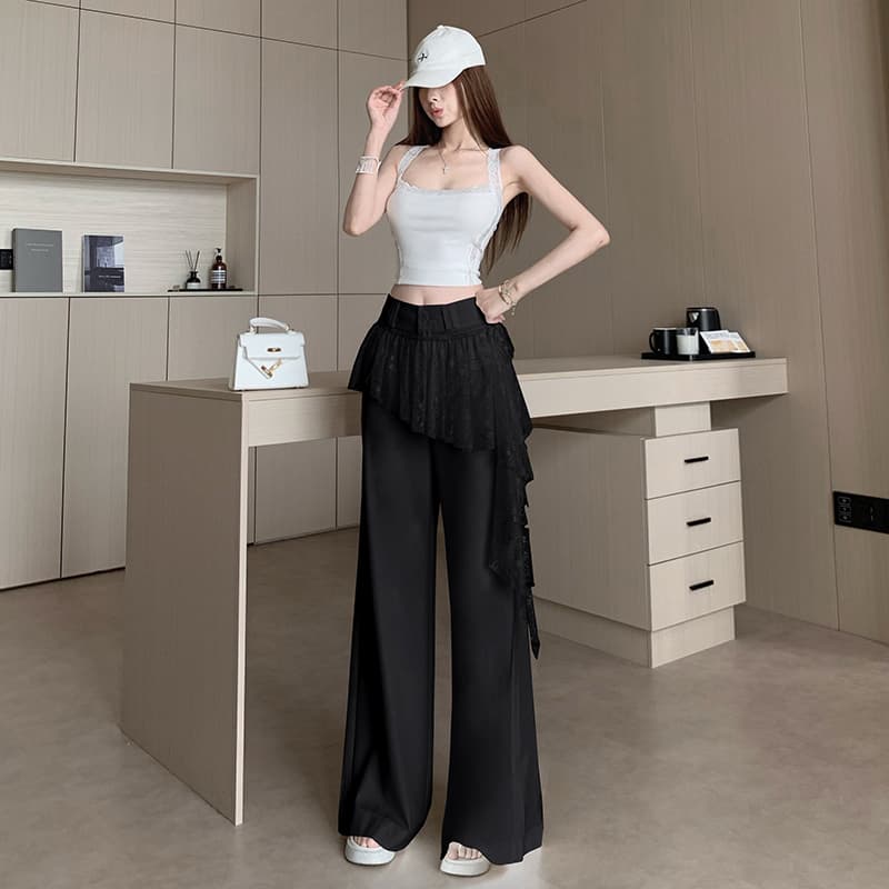 한 부서 바람 랩스커트팬츠 망사 패치워크 페이크 레이어드 스트레이트 팬츠 여성 26 여름 섹션 디자인 센스 자카드 공예 캐주얼 바지 이미지 2