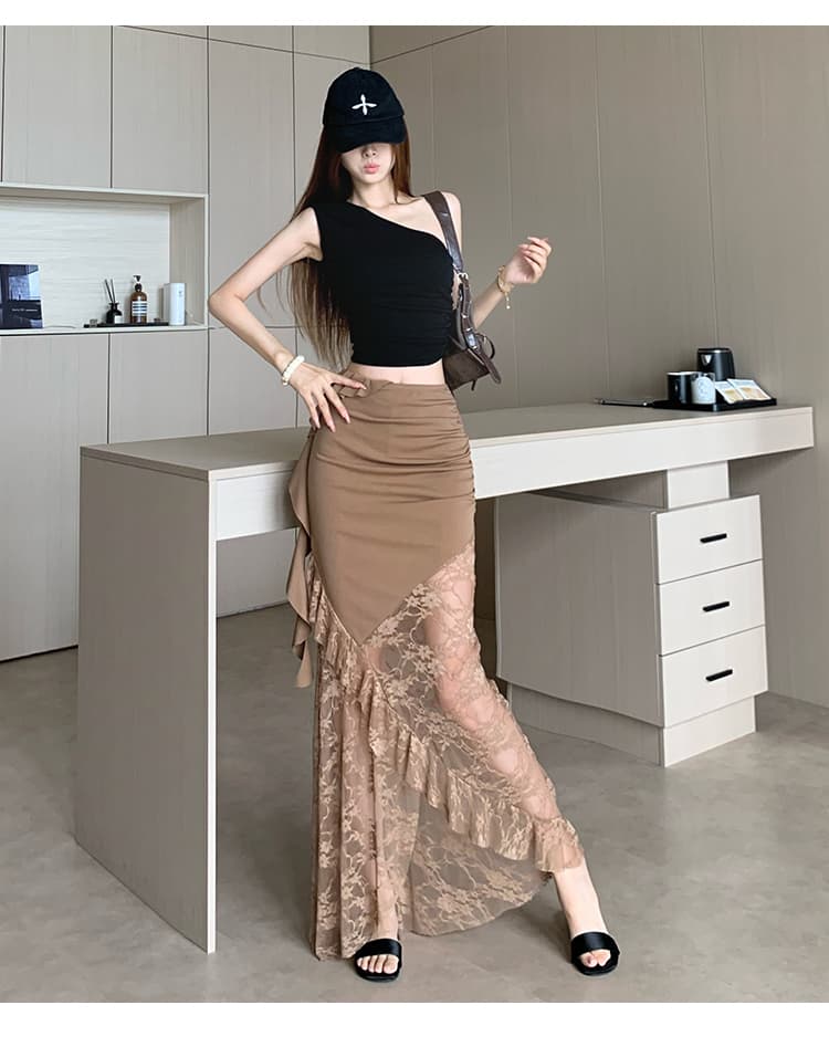 실사 새로운 여름 고급 프랑스식 사소한 고유 한 아름다운 세련된 외국 가스 카키 색 레이스 조각 반신 스커트 상세 이미지 17