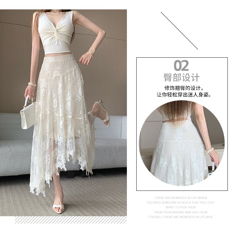 슈퍼 잘 생긴 자수 디자인 센스 패치워크 한 마디 달콤함 레이스 불규칙 디자인 롱 스커트 고급 다용도 반신 스커트 상세 이미지 7