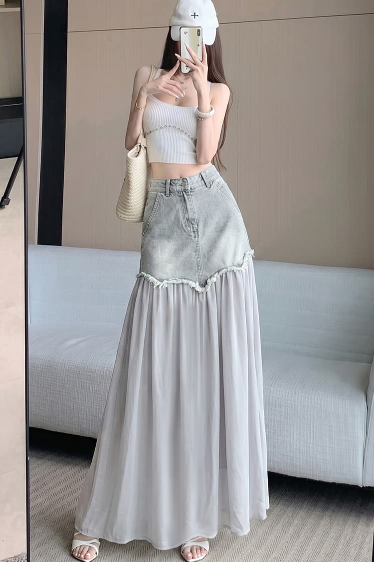 실사 데님 패치워크 편안함 캐주얼 도루 센스 스택 착용 봄 여름 다용도 얇은 스타일 몸매 가꾸기 도루 센스 디자인 센스 반신 스커트 이미지 6