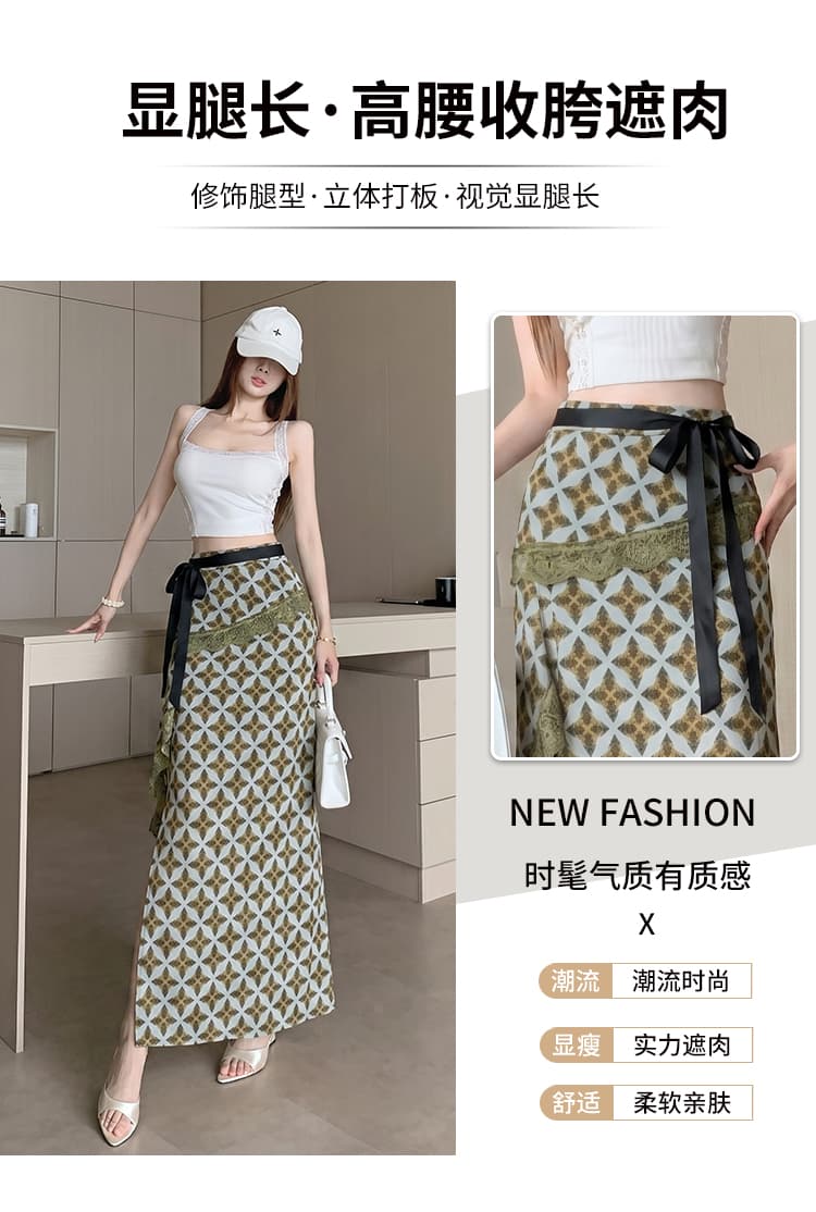 실사 프랑스식 그는 벤 바람 레이스 레이스 트임 가장자리 그리드 반신 스커트 여름 하이웨이스트 슬림해 보이는 레이스업 타이트 스커트 롱 스커트 상세 이미지 3