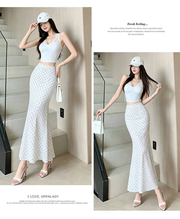 여름 일본과 한국 부서 화이트 도트 무늬 쉬폰 인어 꼬리 반신 롱 스커트 하이웨이스트 타이트 스커트 프릴 한 마디 몸매 가꾸기 반신 스커트 상세 이미지 19