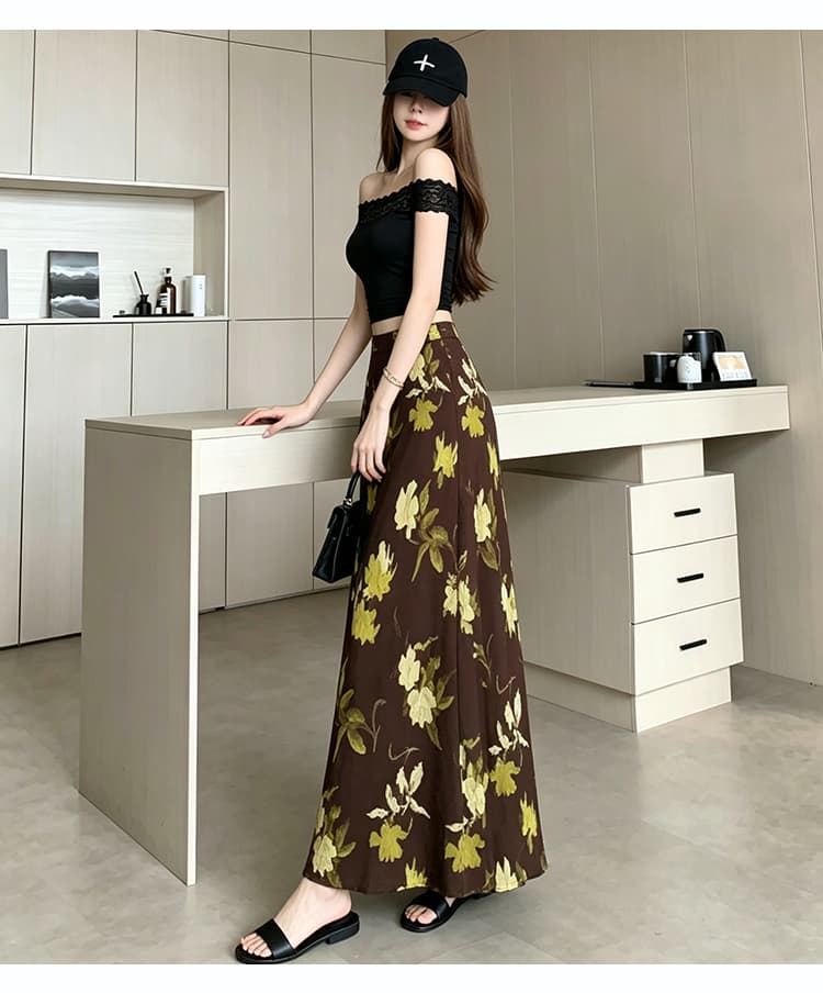 레트로 수묵화 꽃 프린트 주름 반신 스커트 여성 여름 휴가 바람 하이웨이스트 슬림해 보이는 이후 트임 스트레이트 롱 스커트 상세 이미지 22