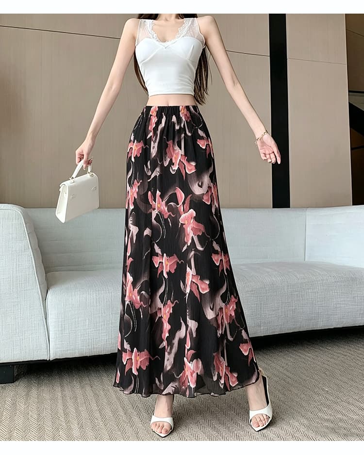 레트로 수묵화 꽃 프린트 주름 반신 스커트 여성 여름 휴가 바람 하이웨이스트 슬림해 보이는 이후 트임 스트레이트 롱 스커트 상세 이미지 27