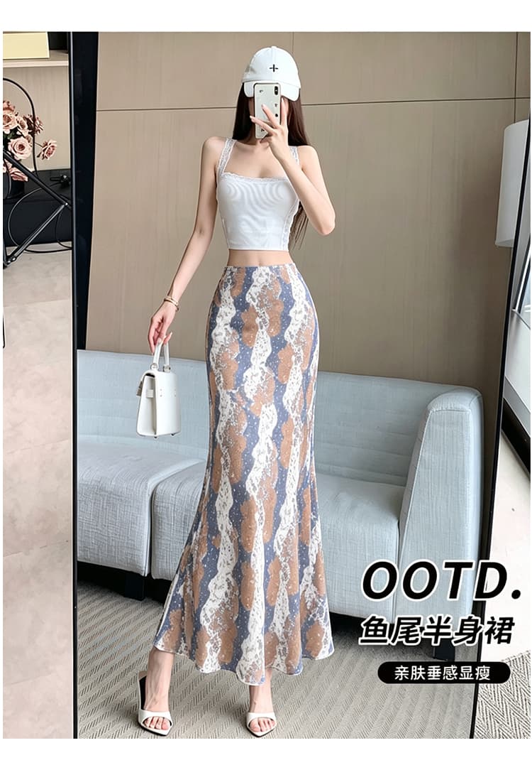 품격 여행 휴가 마법사 레트로 꽃무늬 새로운 헤일로 염색 디자인 센스 디스플레이 높음 슬림해 보이는 한 마디 인어 꼬리 반신 스커트 상세 이미지 21