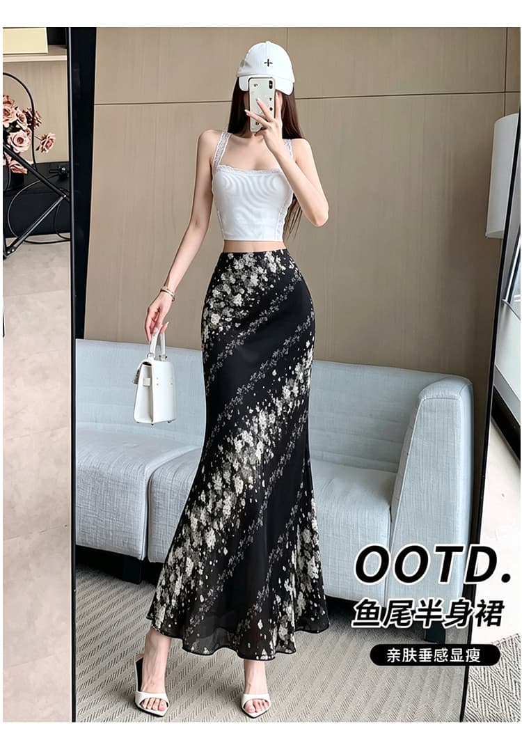 품격 여행 휴가 마법사 레트로 꽃무늬 새로운 헤일로 염색 디자인 센스 디스플레이 높음 슬림해 보이는 한 마디 인어 꼬리 반신 스커트 상세 이미지 29