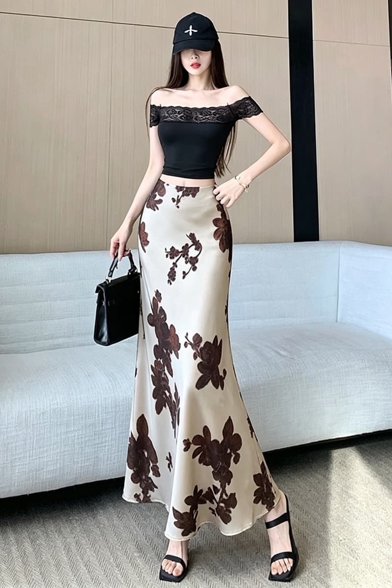 일본과 한국 부서 레트로 꽃무늬 쉬폰 인어 꼬리 반신 스커트 여성 여름 체크무늬 도트 무늬 외국 가스 프린트 타이트 스커트 한 마디 치마 이미지 6
