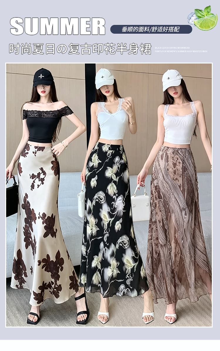 일본과 한국 부서 레트로 꽃무늬 쉬폰 인어 꼬리 반신 스커트 여성 여름 체크무늬 도트 무늬 외국 가스 프린트 타이트 스커트 한 마디 치마 상세 이미지 1