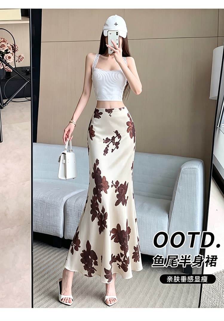 일본과 한국 부서 레트로 꽃무늬 쉬폰 인어 꼬리 반신 스커트 여성 여름 체크무늬 도트 무늬 외국 가스 프린트 타이트 스커트 한 마디 치마 상세 이미지 28