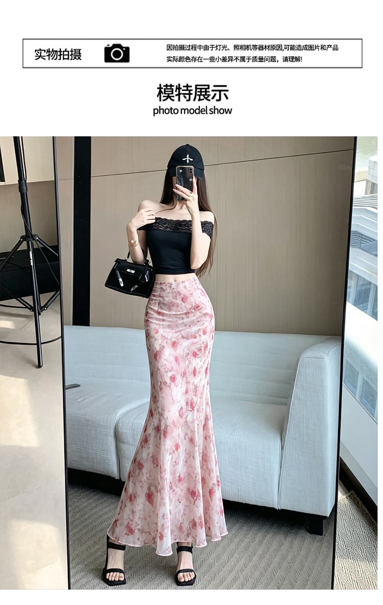 휴가 여행 새로운 황색 꽃무늬 반신 스커트 여름 얇은 스타일 프랑스식 전원 한 마디 인어 꼬리 스커트 반신 롱 스커트 상세 이미지 14