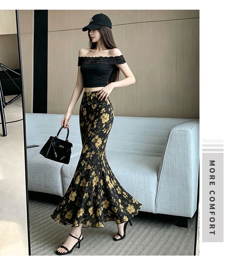 휴가 여행 새로운 황색 꽃무늬 반신 스커트 여름 얇은 스타일 프랑스식 전원 한 마디 인어 꼬리 스커트 반신 롱 스커트 상세 이미지 22