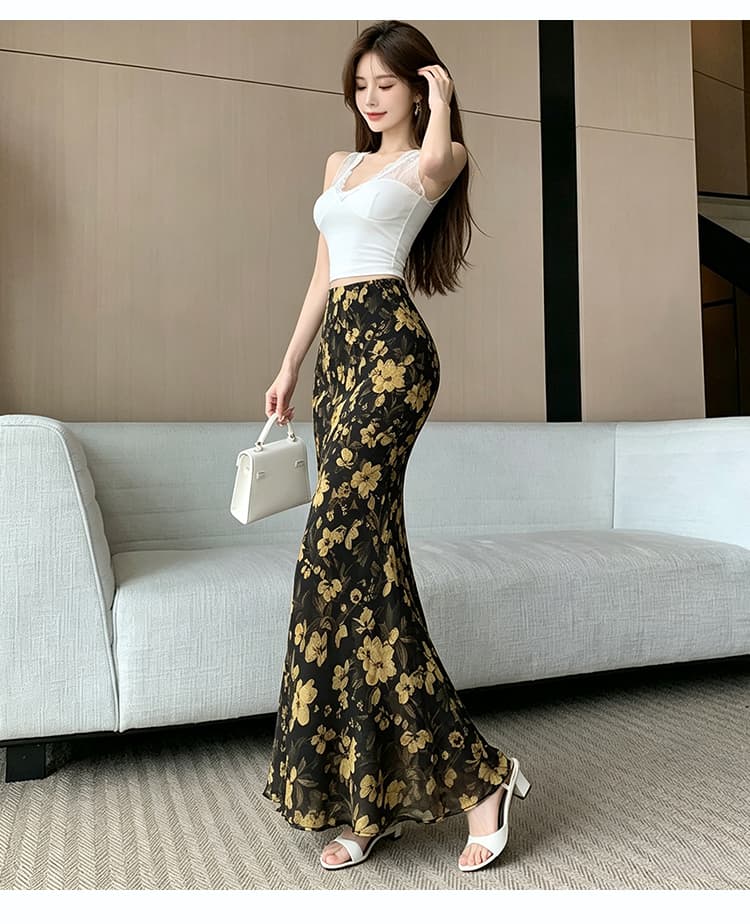 휴가 여행 새로운 황색 꽃무늬 반신 스커트 여름 얇은 스타일 프랑스식 전원 한 마디 인어 꼬리 스커트 반신 롱 스커트 상세 이미지 31