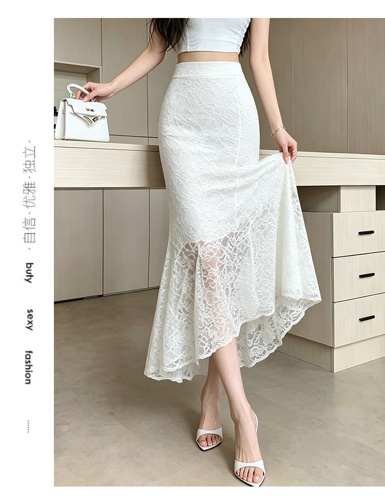프랑스식 낭만주의 바람 달빛 화이트 레이스 인어 꼬리 반신 스커트 여성 하이웨이스트 슬림해 보이는 롱 스커트 부드러운 품격 다용도 한 부서 상세 이미지 15