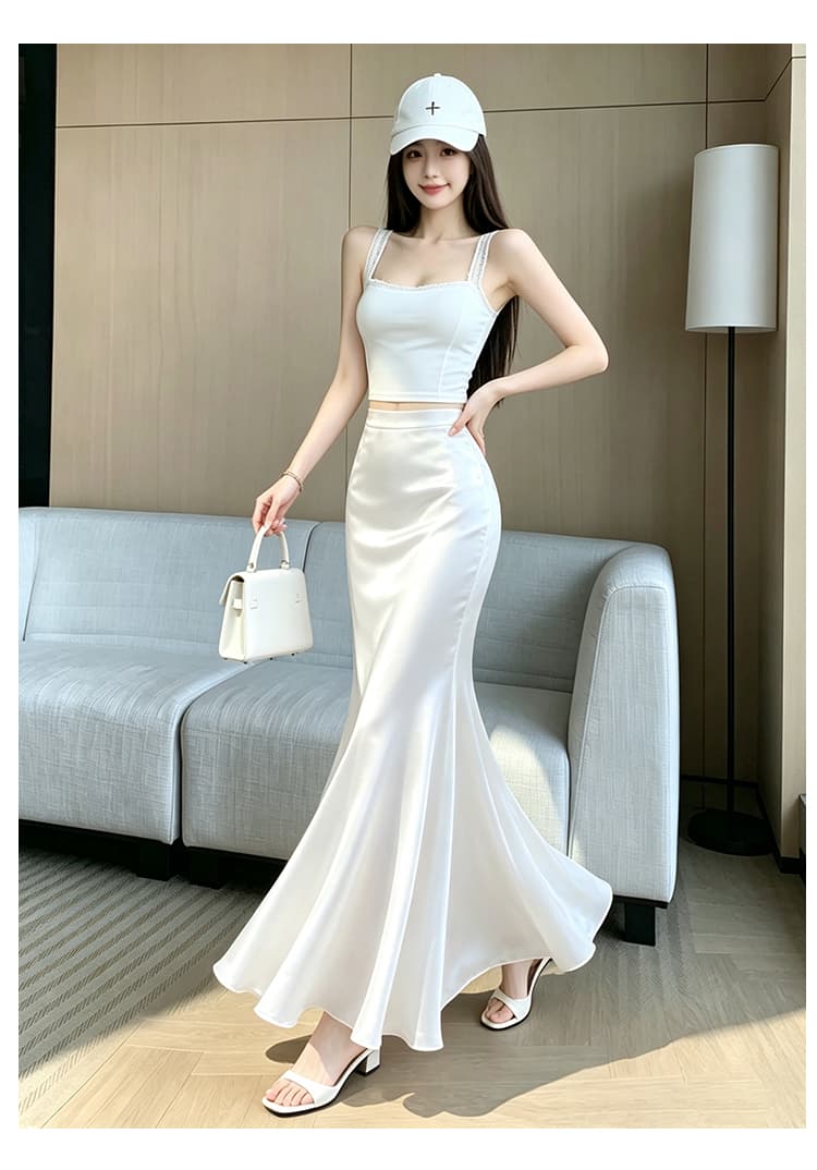 휴가 여행 부드러운 바람 새틴 감기 화이트 반신 스커트 이른 가을 새로운 도루 센스 한 마디 디스플레이 높음 슬림해 보이는 인어 꼬리 롱 스커트 상세 이미지 25