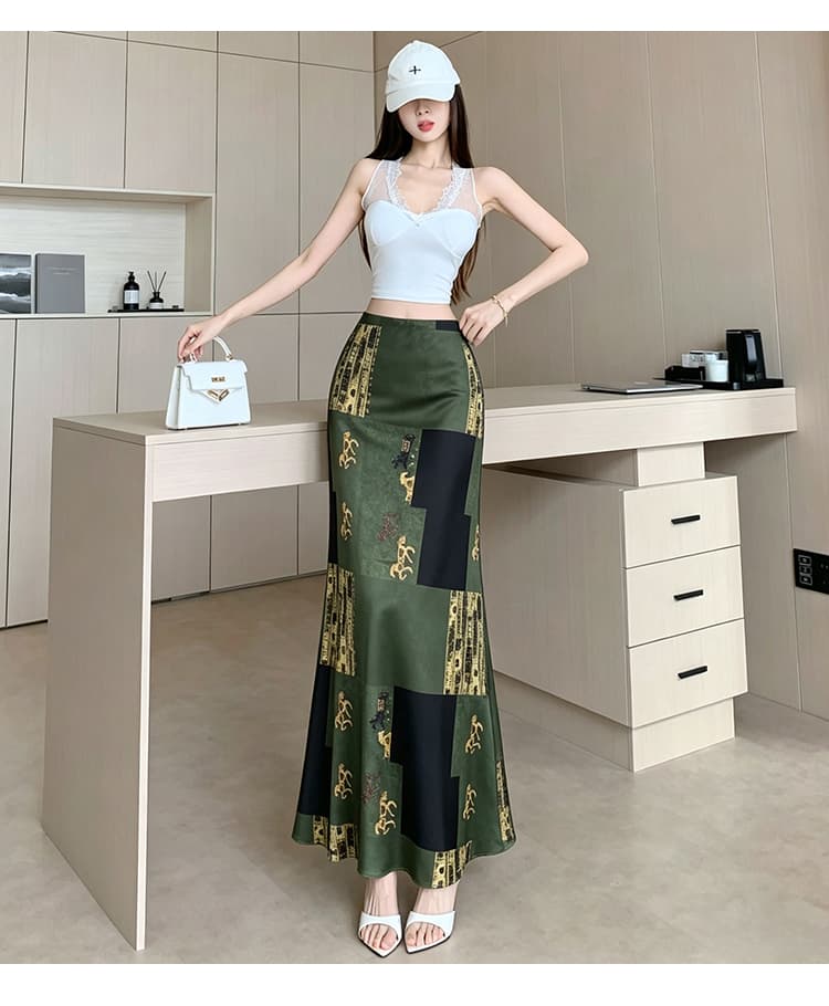 휴가 프랑스식 아세트산 새틴 녹색 성공 가을 하이웨이스트 도루 센스 한 마디 디스플레이 높음 슬림해 보이는 인어 꼬리 롱 스커트 상세 이미지 19