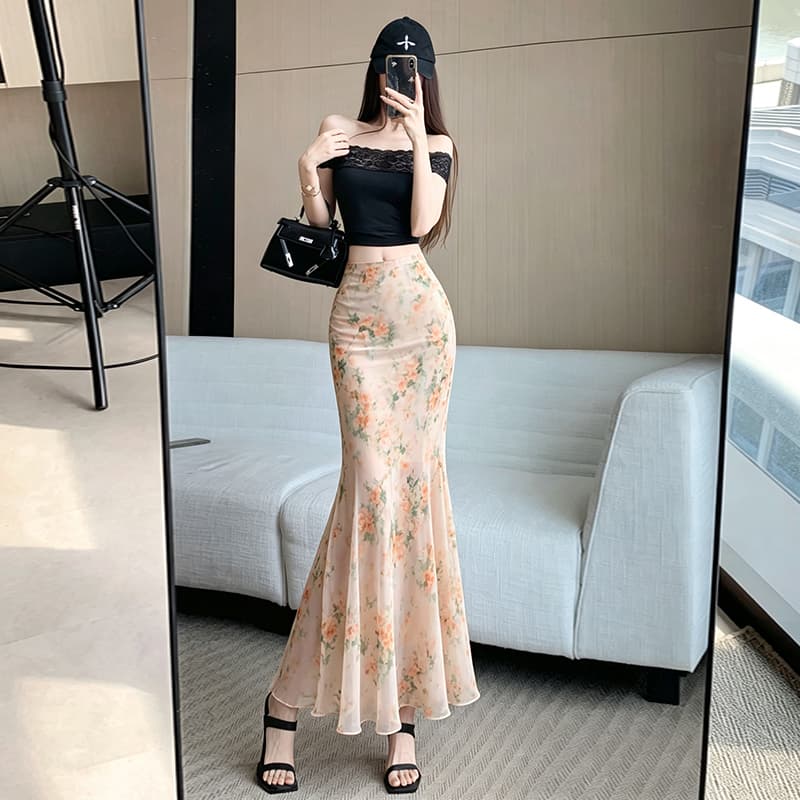 휴가 여행 꽃무늬 인어 꼬리 반신 롱 스커트 026 여름 새로운 하이웨이스트 A라인 스커트 몸매 가꾸기 타이트 스커트 반신 롱 스커트