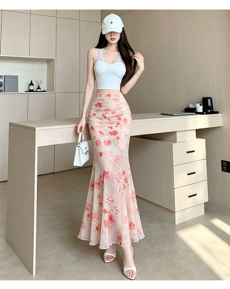 휴가 여행 꽃무늬 인어 꼬리 반신 롱 스커트 026 여름 새로운 하이웨이스트 A라인 스커트 몸매 가꾸기 타이트 스커트 반신 롱 스커트 상세 이미지 26