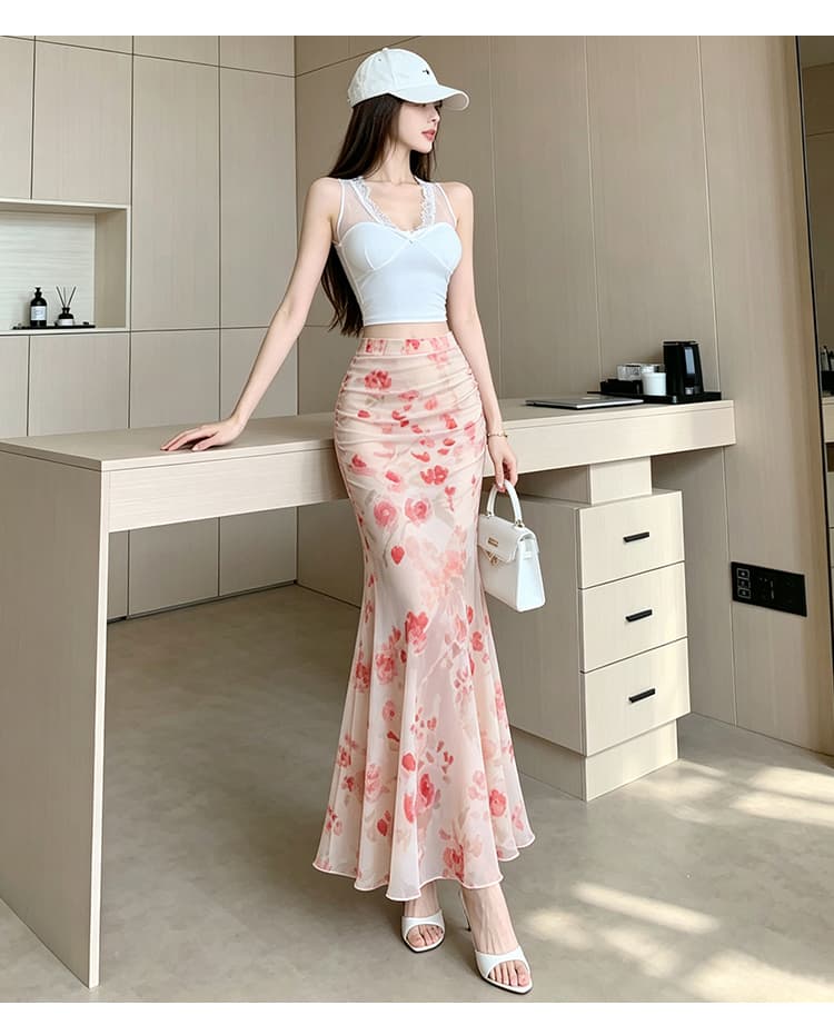 휴가 여행 꽃무늬 인어 꼬리 반신 롱 스커트 026 여름 새로운 하이웨이스트 A라인 스커트 몸매 가꾸기 타이트 스커트 반신 롱 스커트 상세 이미지 27