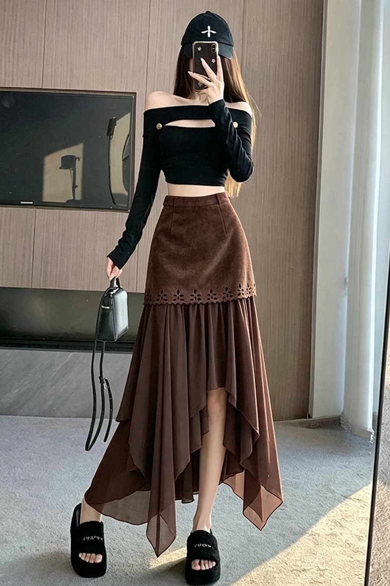 새로운 프랑스식 레트로 가을 스웨이드 원단 반신 스커트 패치워크 불규칙 A라인 스커트 하이웨이스트 다용도 패치워크 롱 스커트 이미지 6