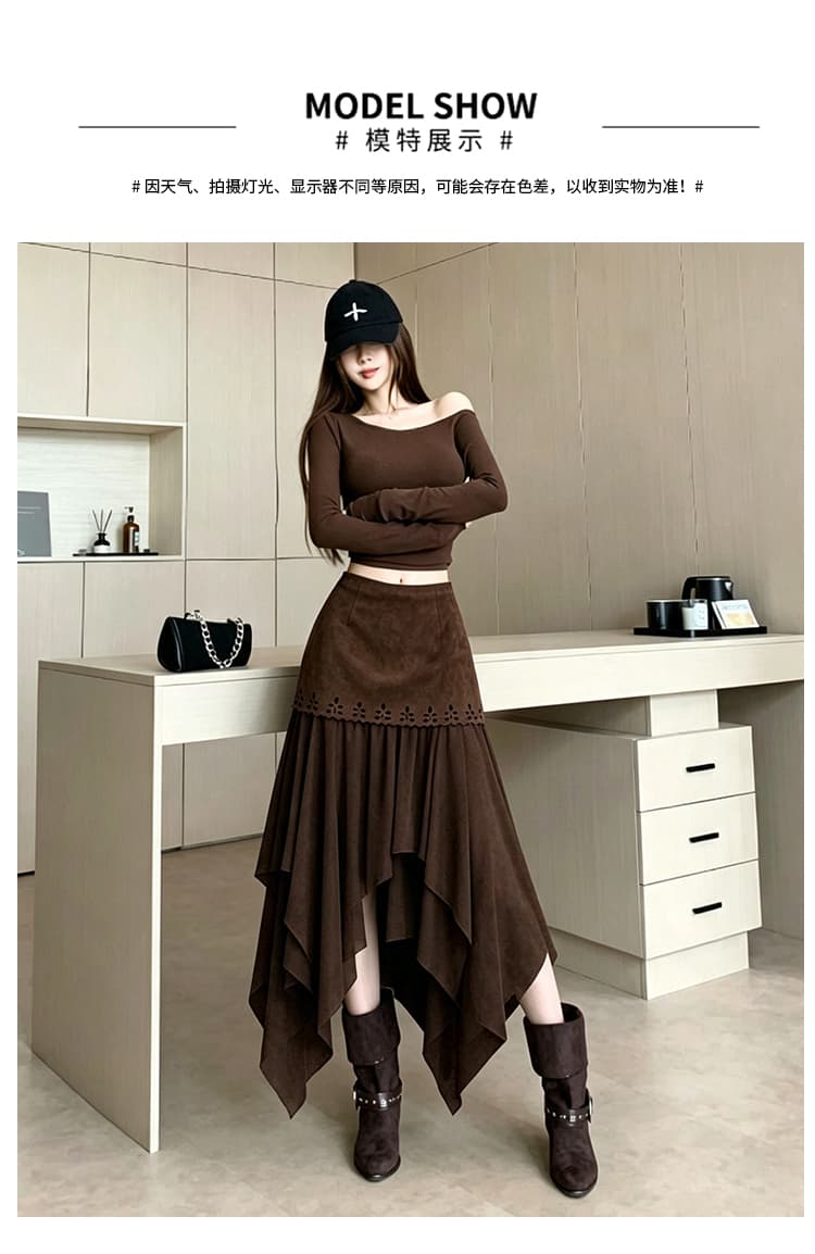 새로운 프랑스식 레트로 가을 스웨이드 원단 반신 스커트 패치워크 불규칙 A라인 스커트 하이웨이스트 다용도 패치워크 롱 스커트 상세 이미지 13