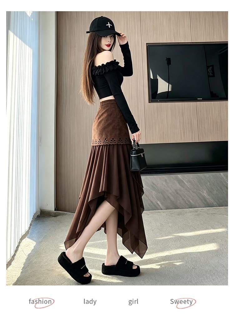 새로운 프랑스식 레트로 가을 스웨이드 원단 반신 스커트 패치워크 불규칙 A라인 스커트 하이웨이스트 다용도 패치워크 롱 스커트 상세 이미지 18