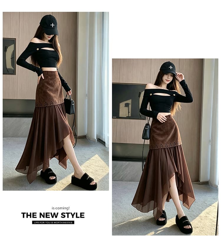 새로운 프랑스식 레트로 가을 스웨이드 원단 반신 스커트 패치워크 불규칙 A라인 스커트 하이웨이스트 다용도 패치워크 롱 스커트 상세 이미지 20