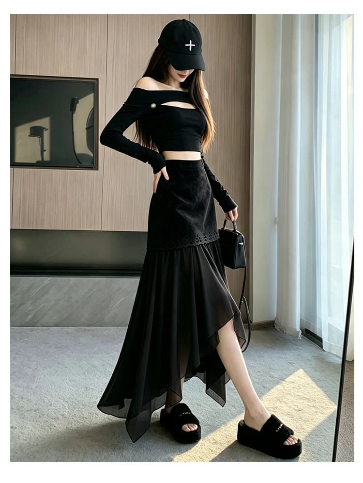 새로운 프랑스식 레트로 가을 스웨이드 원단 반신 스커트 패치워크 불규칙 A라인 스커트 하이웨이스트 다용도 패치워크 롱 스커트 상세 이미지 28