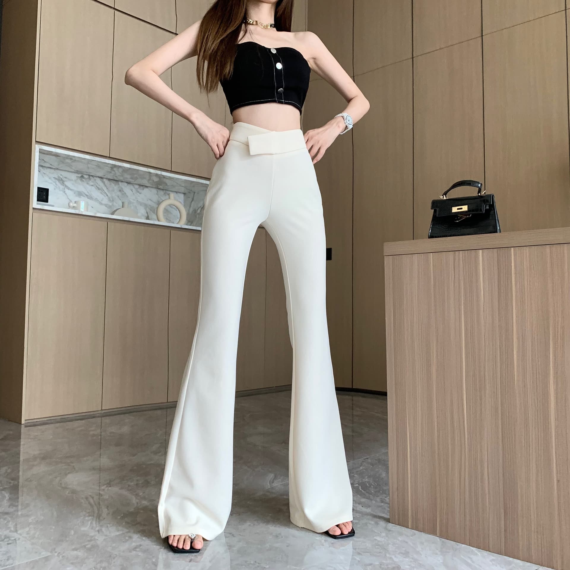 실사 살구 화이트 부츠컷 정장 바지 여성 여름 얇은 스타일 디자인 센스 하이웨이스트 와이드 레그 팬츠 도루 센스 캐주얼 바지