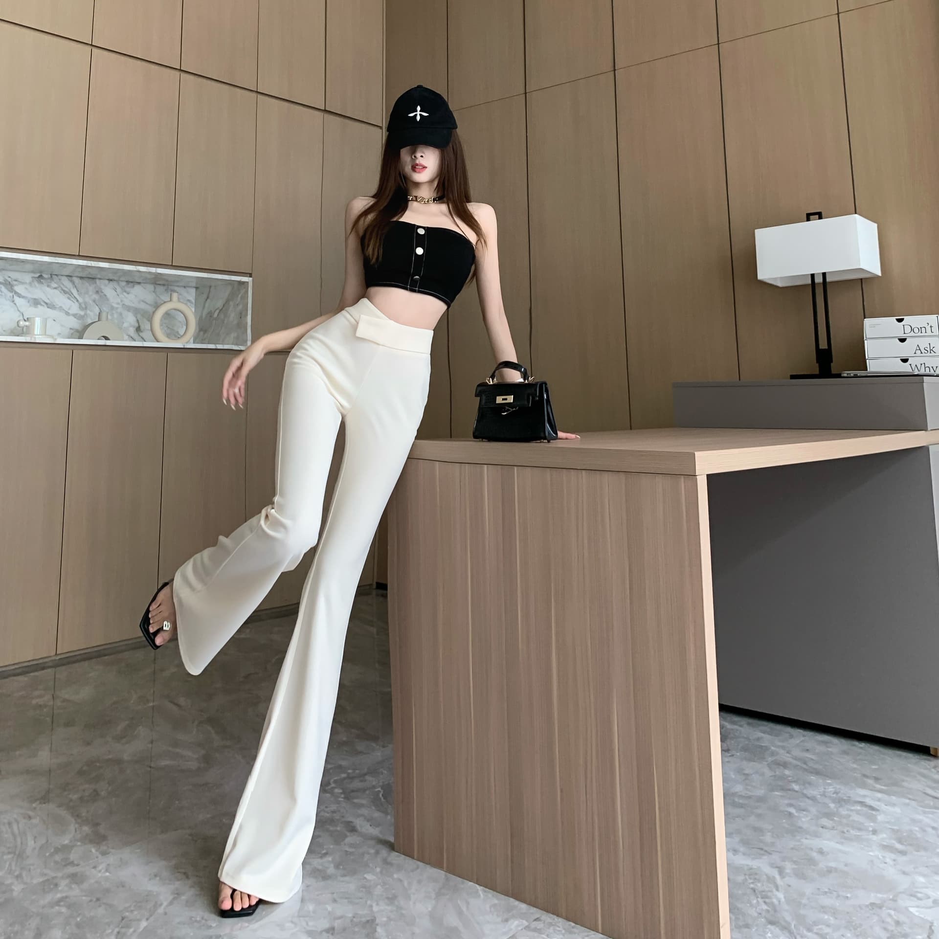 실사 살구 화이트 부츠컷 정장 바지 여성 여름 얇은 스타일 디자인 센스 하이웨이스트 와이드 레그 팬츠 도루 센스 캐주얼 바지 상세 이미지 2
