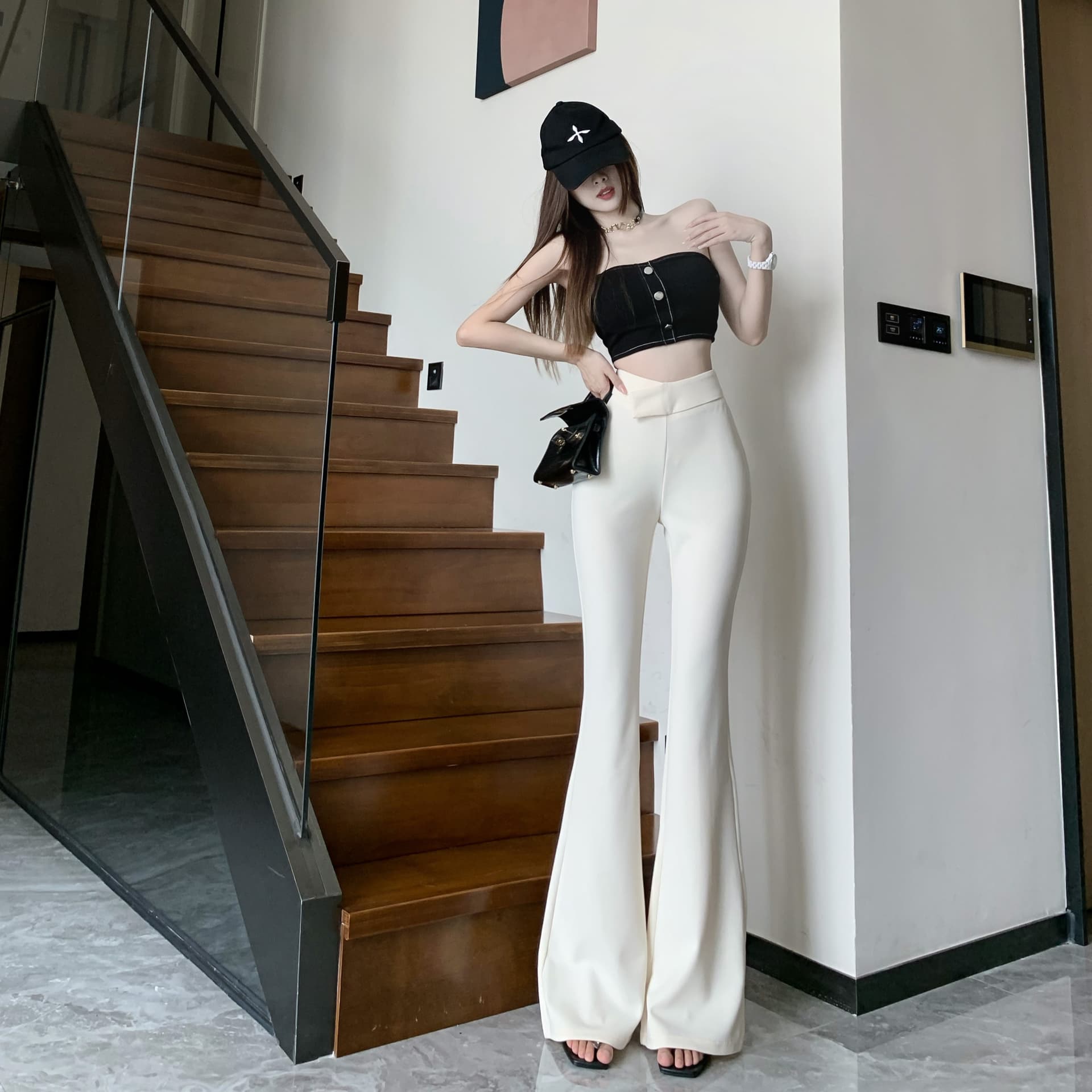 실사 살구 화이트 부츠컷 정장 바지 여성 여름 얇은 스타일 디자인 센스 하이웨이스트 와이드 레그 팬츠 도루 센스 캐주얼 바지 상세 이미지 3