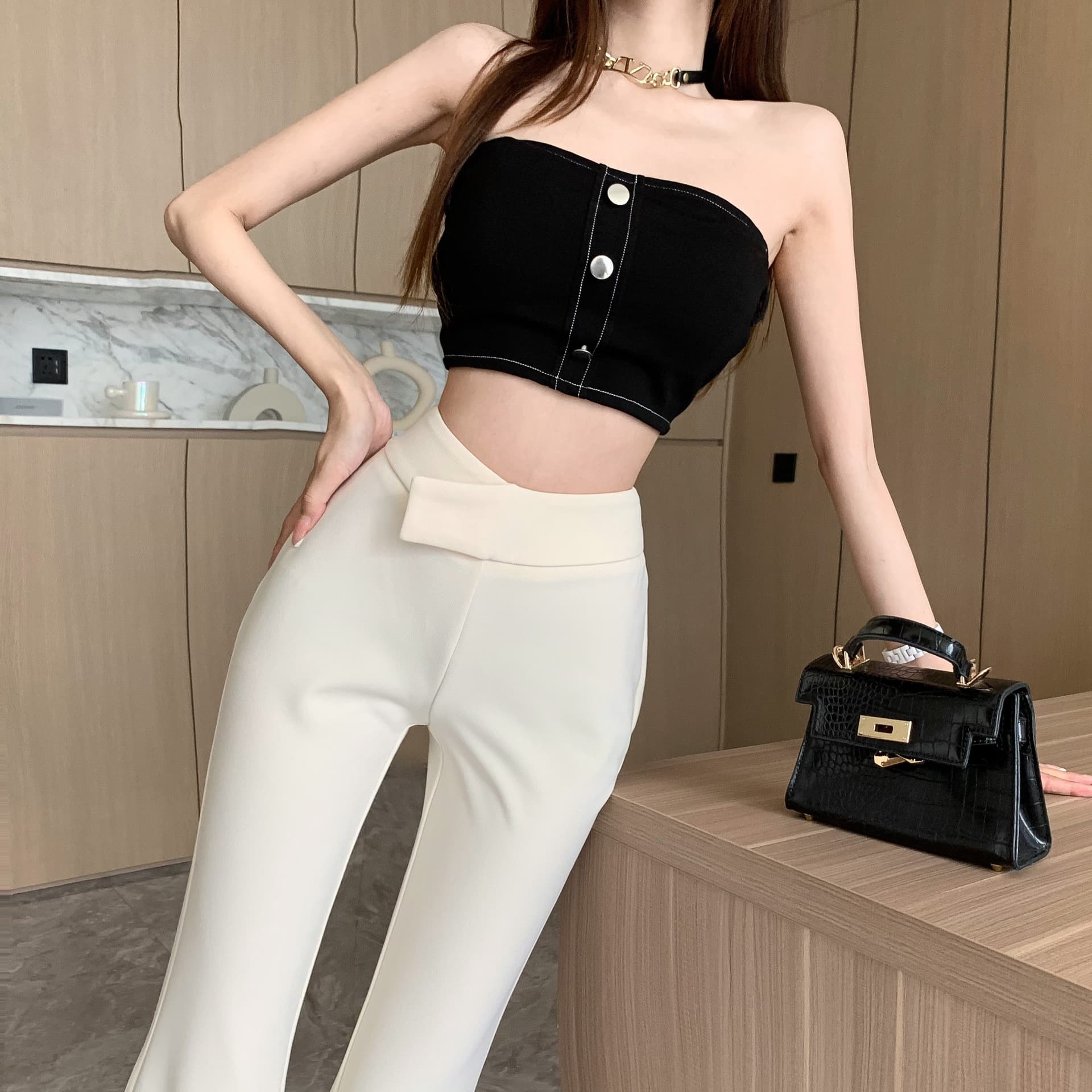 실사 살구 화이트 부츠컷 정장 바지 여성 여름 얇은 스타일 디자인 센스 하이웨이스트 와이드 레그 팬츠 도루 센스 캐주얼 바지 상세 이미지 4