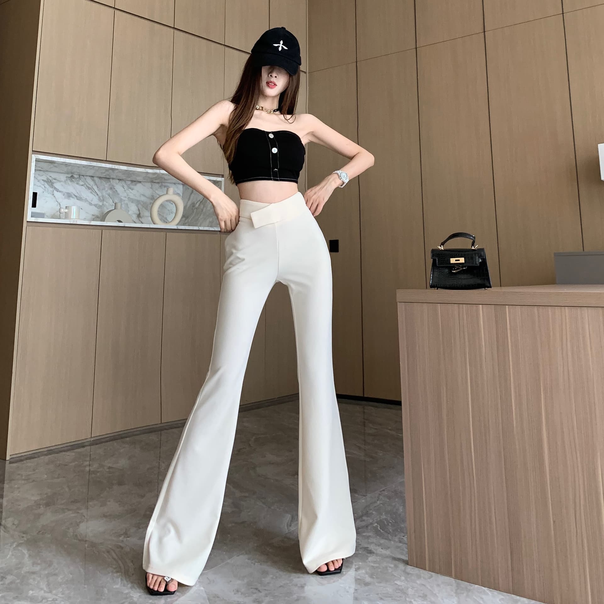 실사 살구 화이트 부츠컷 정장 바지 여성 여름 얇은 스타일 디자인 센스 하이웨이스트 와이드 레그 팬츠 도루 센스 캐주얼 바지 상세 이미지 9