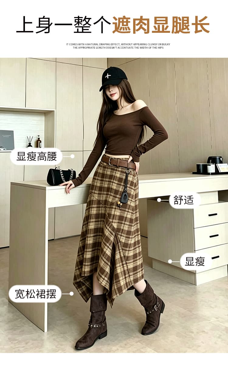 니켈 재료 레트로 불규칙 체크무늬 곡물 반신 스커트 여성 봄 하이웨이스트 도루 센스 디스플레이 높음 슬림해 보이는 A라인 스커트 품격 중간 스커트 상세 이미지 7