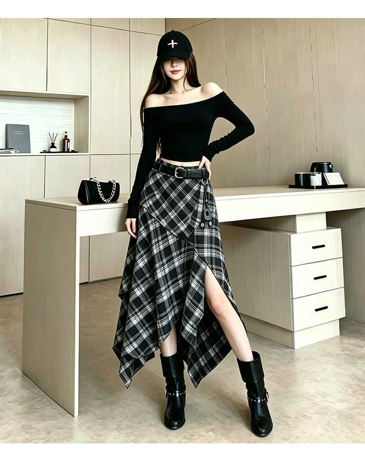 니켈 재료 레트로 불규칙 체크무늬 곡물 반신 스커트 여성 봄 하이웨이스트 도루 센스 디스플레이 높음 슬림해 보이는 A라인 스커트 품격 중간 스커트 상세 이미지 26