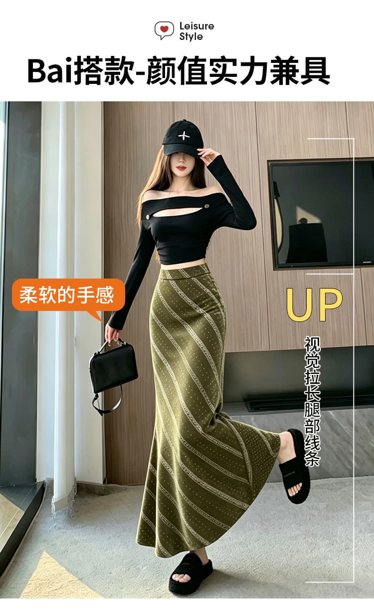 가을 겨울 여성 의류 사슴 캐시미어 미니멀리즘 레트로 비스듬한 스트라이프 반신 스커트 몸매 가꾸기 슬림해 보이는 고등학교 롱 코트 다용도 타이트 스커트 상세 이미지 4