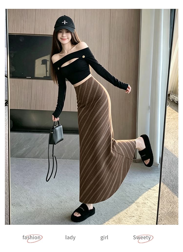 가을 겨울 여성 의류 사슴 캐시미어 미니멀리즘 레트로 비스듬한 스트라이프 반신 스커트 몸매 가꾸기 슬림해 보이는 고등학교 롱 코트 다용도 타이트 스커트 상세 이미지 18