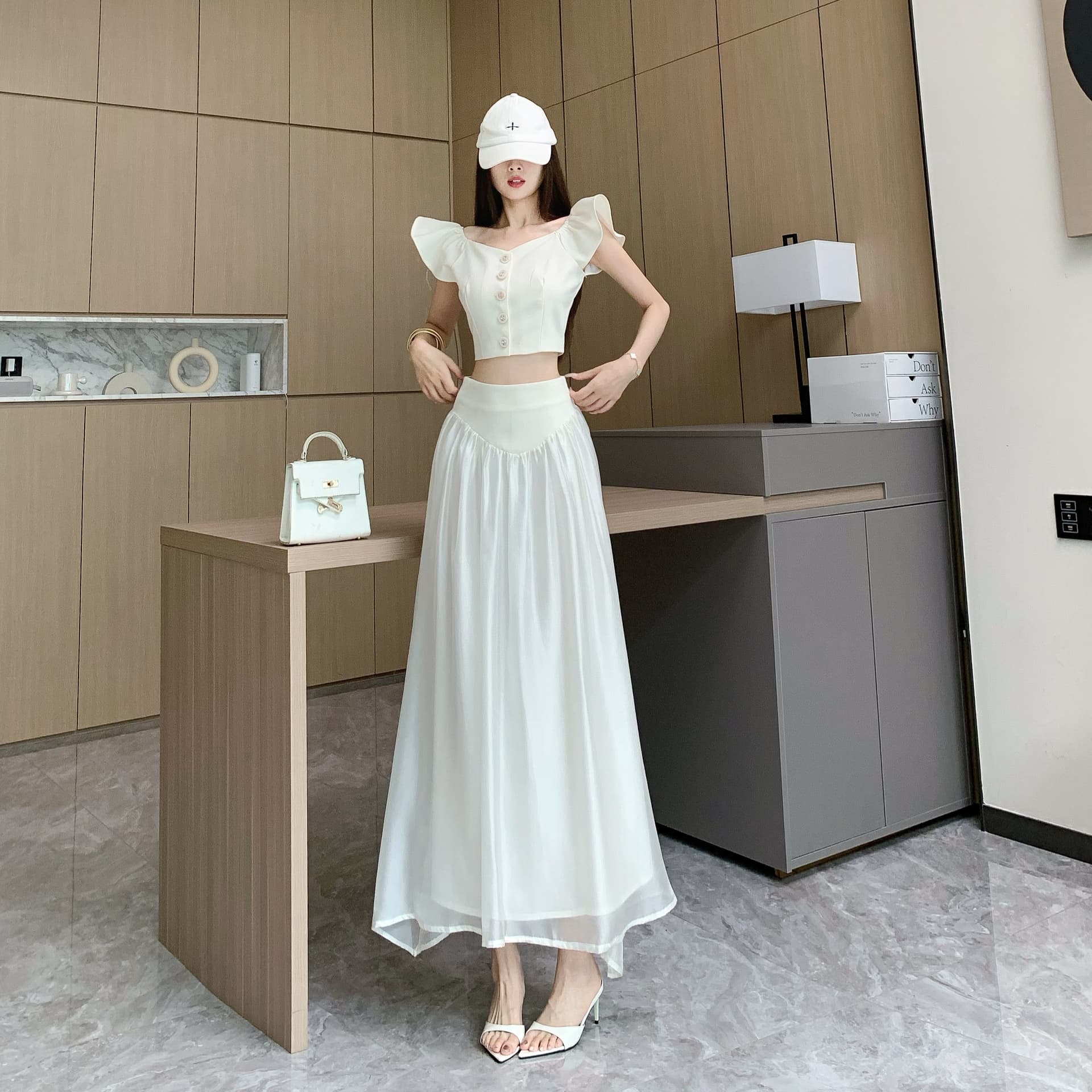 새로운 가을 프랑스식 고급 세련된 광장 칼라 맨위 하이웨이스트 슬림해 보이는 큰 진자 롱 스커트 투피스 슈트 상세 이미지 9