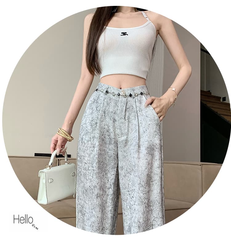 와이드 레그 팬츠 플러스 허리 사슬 캐주얼 편안함 다용도 디스플레이 높음 바닥 청소 긴 바지 새로운 프린트 핫픽스 헤일로 염색 와이드 레그 팬츠 상세 이미지 33