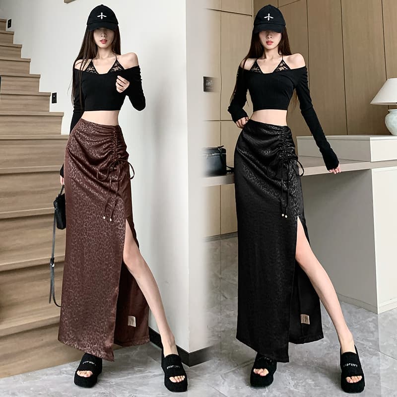 실사 가을 레오파드 무늬 펌프 로프 레이스업 비즈 박기 트임 타이트 스커트 미니멀리즘 불규칙 치마 캐주얼 하이웨이스트 반신 스커트