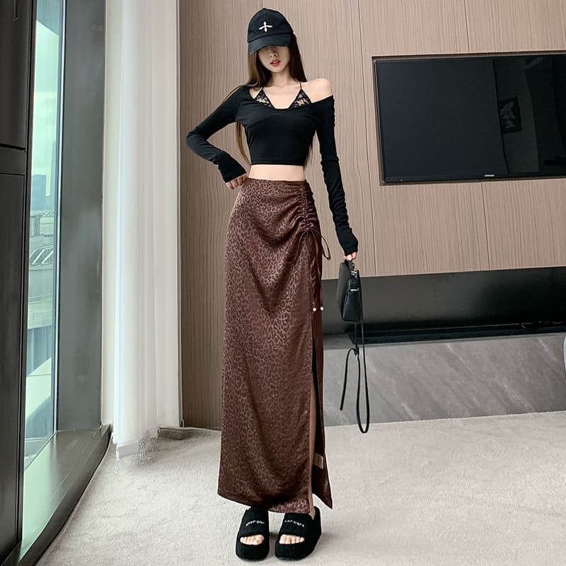 실사 가을 레오파드 무늬 펌프 로프 레이스업 비즈 박기 트임 타이트 스커트 미니멀리즘 불규칙 치마 캐주얼 하이웨이스트 반신 스커트 이미지 3