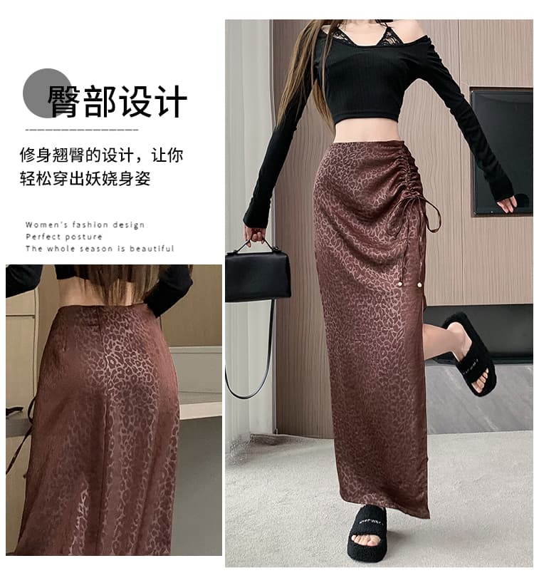 실사 가을 레오파드 무늬 펌프 로프 레이스업 비즈 박기 트임 타이트 스커트 미니멀리즘 불규칙 치마 캐주얼 하이웨이스트 반신 스커트 상세 이미지 10