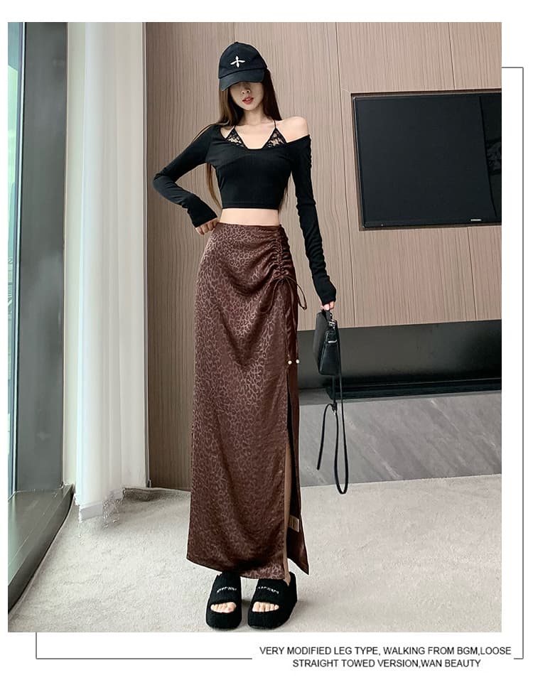 실사 가을 레오파드 무늬 펌프 로프 레이스업 비즈 박기 트임 타이트 스커트 미니멀리즘 불규칙 치마 캐주얼 하이웨이스트 반신 스커트 상세 이미지 23