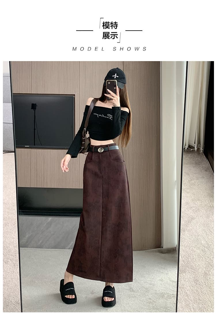 실사 새로운 앤 코라 빨간색 하이웨이스트 캐주얼 편안함 가을과 겨울 롱 스커트 트임 스트레이트 슬림해 보이는 타이트 스커트 반신 스커트 상세 이미지 14