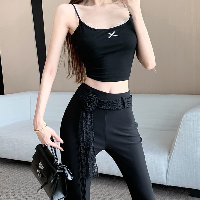 실사 디자인 센스 장미 레이스 프릴 술 하이웨이스트 슬림해 보이는 타이트 나팔 바지 패션 캐주얼 긴 바지 이미지 2